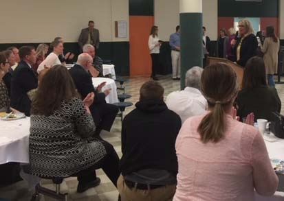 GFPS Superintendent Tammy Lacey addresses the outstanding juniors and their teachers and parents at the April 10 breakfast in the CMR cafeteria.